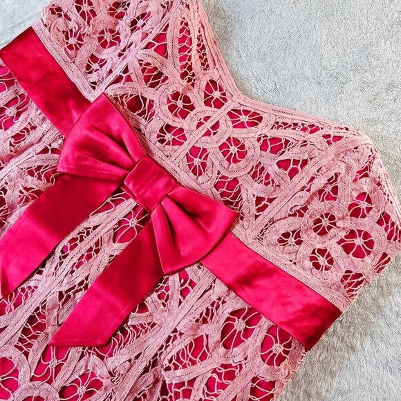 Betsey Johnson ✦ Pink Lace Strapless Dress ✦ Red Velvet Bow Mini Sz 6 NWT - Picture 8 of 16